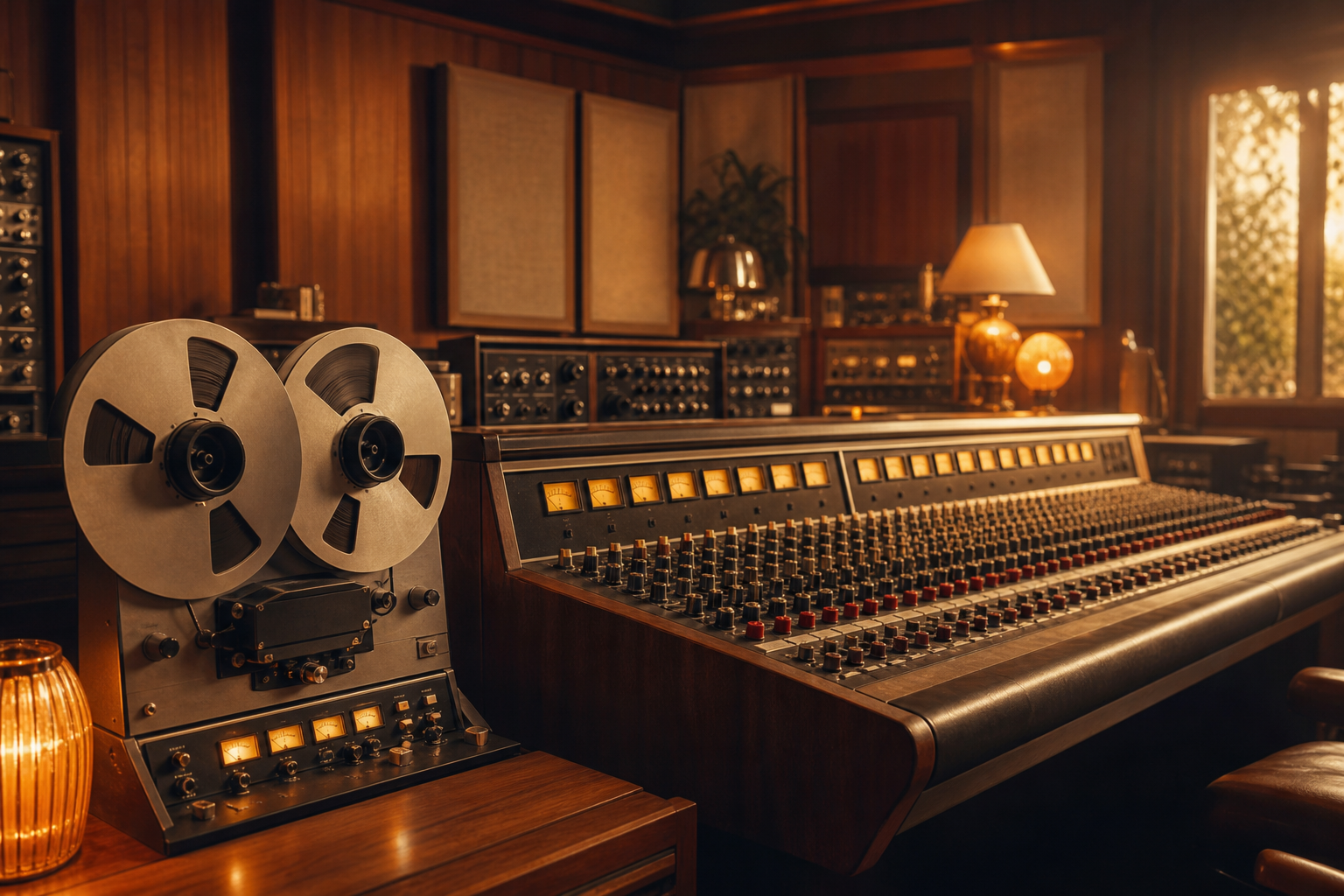 Studio analogico Nastro Caldo con registratore a bobine e console vintage