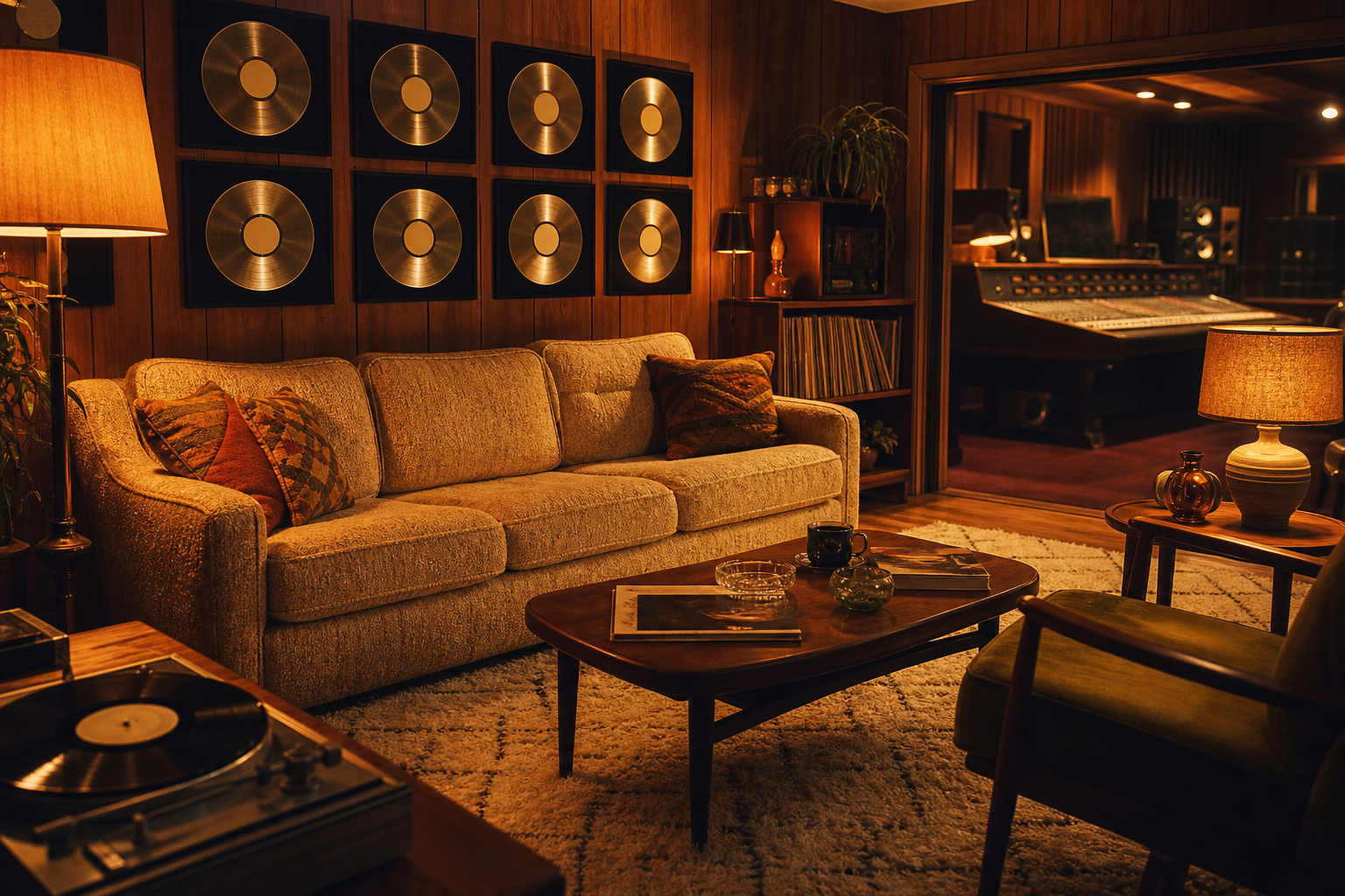 Lounge dello studio con divano vintage e dischi