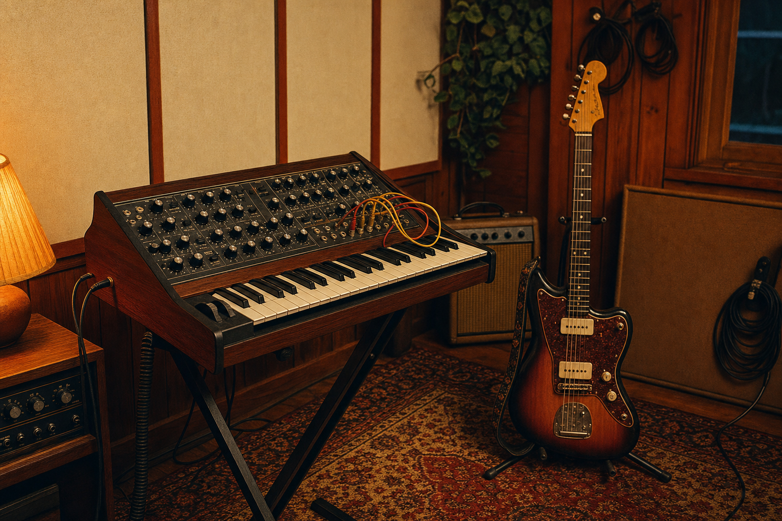 Sintetizzatore analogico e chitarra in studio