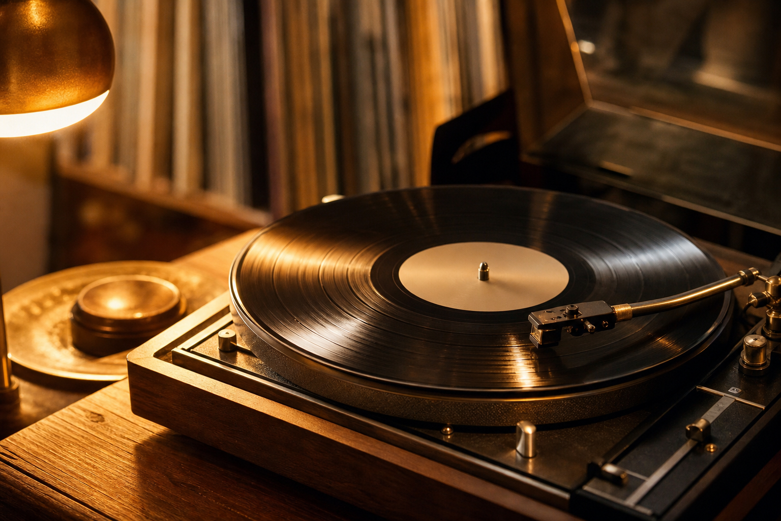 Disco in vinile su un giradischi vintage con luce calda